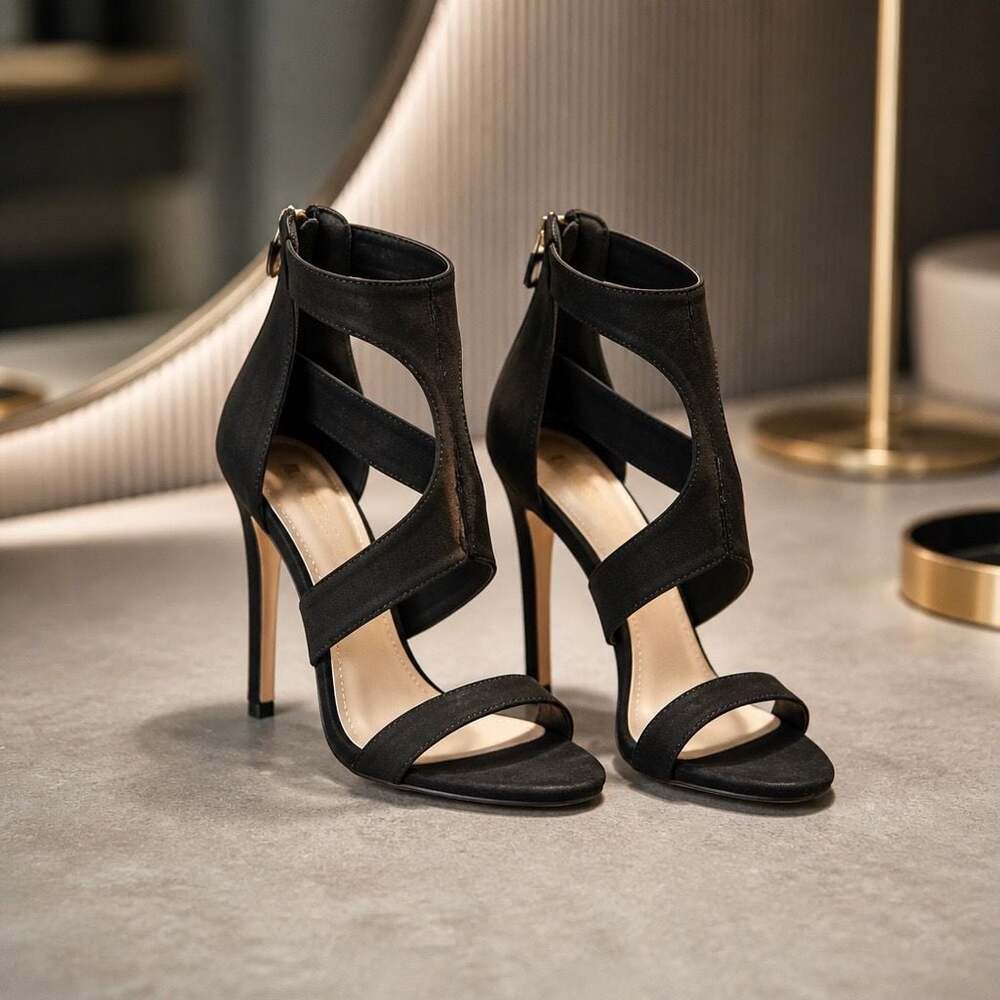 DBDK Fashion Black Suede Cutout Strappy Zip-Back Stiletto High Heel Sandals
